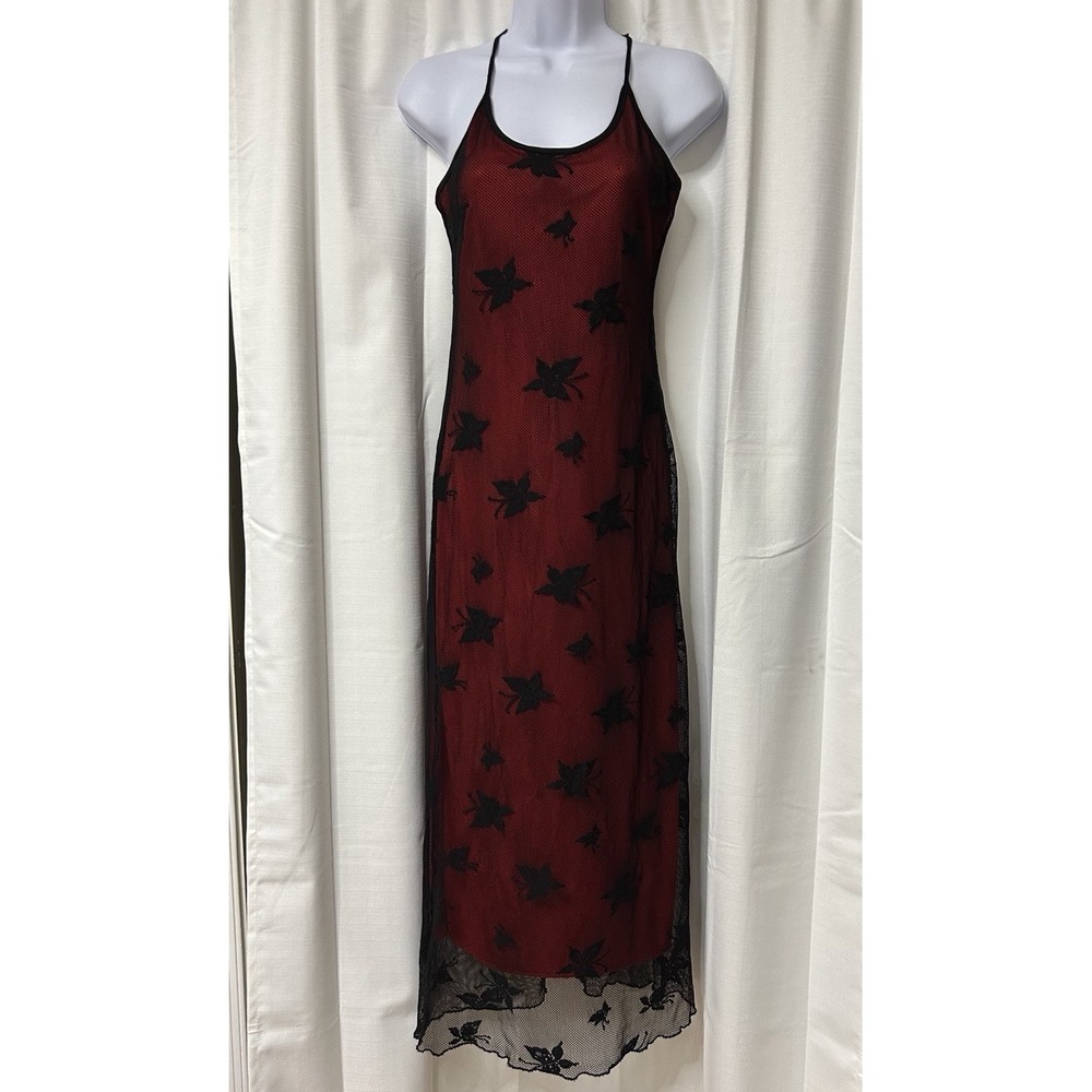 Vintage Mesh Slip Dress Lace Black Red 90s Grunge Dark Romantic Y2K M